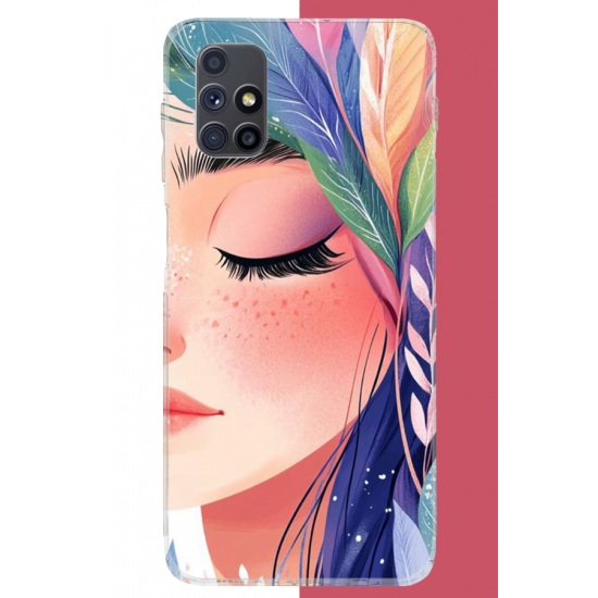 Samsung Galaxy M51 Uyumlu renkli yaprak saçlı kız.jpeg UV Baskılı Silikon Kılıf