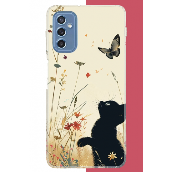 Samsung Galaxy M52 Uyumlu siyah kedi UV Baskılı Silikon Kılıf