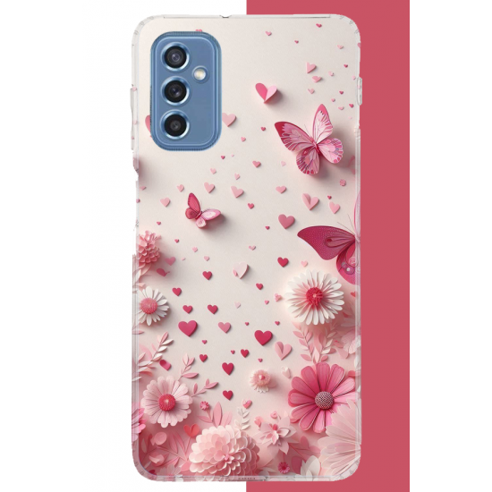 Samsung Galaxy M52 Uyumlu pembe kelebek UV Baskılı Silikon Kılıf
