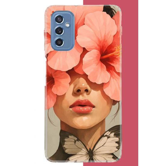 Samsung Galaxy M52 Uyumlu pembe çiçekli kadın UV Baskılı Silikon Kılıf