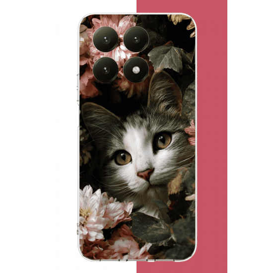 Xiaomi Mi 15T Uyumlu çiçeklere gizlenen kedi UV Baskılı Silikon Kılıf