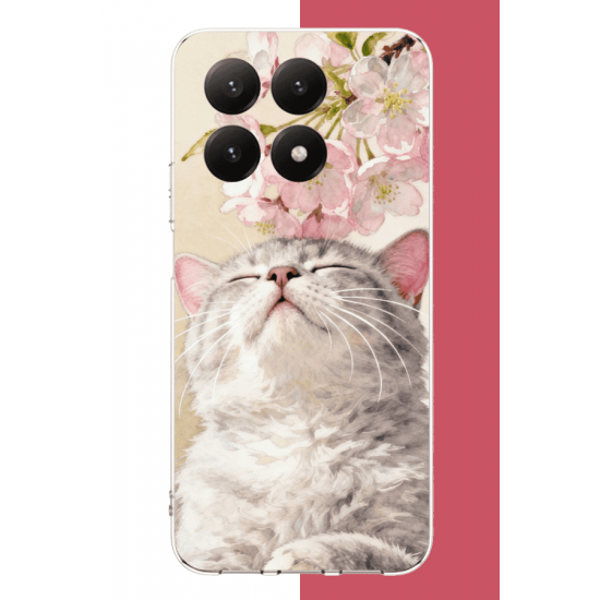 Xiaomi Mi 15T PRO Uyumlu pembe yapraklı kedi UV Baskılı Silikon Kılıf