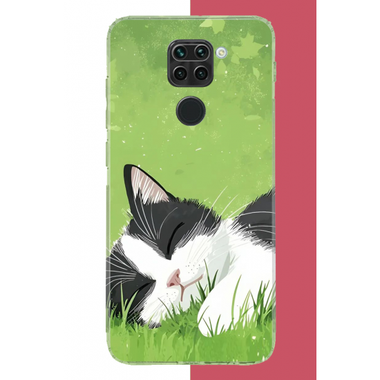 Redmi Note 9 Uyumlu uyuyan kedi UV Baskılı Silikon Kılıf