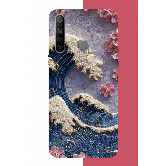 Realme 5i - 6i - C3 Uyumlu mavi dalga ve pembe çiçekler UV Baskılı Silikon Kılıf