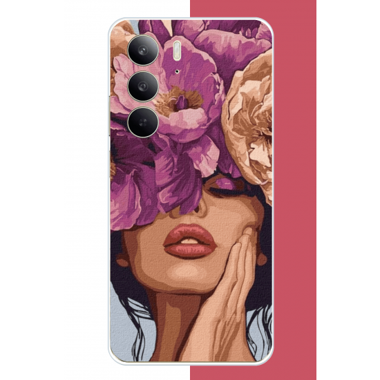 Realme C75 Uyumlu mor çiçekli kadın UV Baskılı Silikon Kılıf
