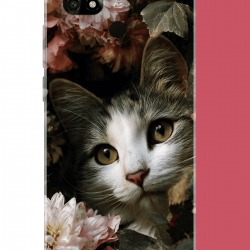 Redmi 10C - POCO C40 Uyumlu çiçeklere gizlenen kedi UV Baskılı Silikon Kılıf