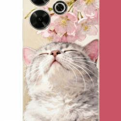 Redmi 13 Uyumlu pembe yapraklı kedi UV Baskılı Silikon Kılıf
