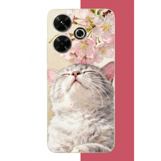 Redmi 13 Uyumlu pembe yapraklı kedi UV Baskılı Silikon Kılıf