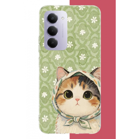 Redmi 15 4G Uyumlu yeşil fularlı kedi UV Baskılı Silikon Kılıf