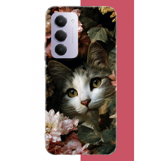 Redmi 15 4G Uyumlu çiçeklere gizlenen kedi UV Baskılı Silikon Kılıf