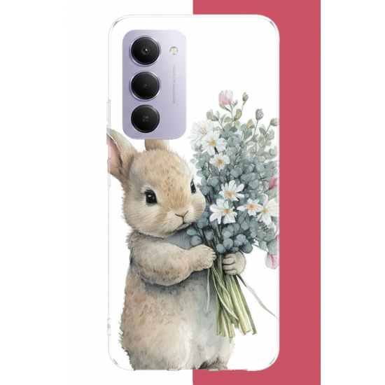 Redmi 15 4G Uyumlu çiçek tutan tavşan.jpeg UV Baskılı Silikon Kılıf