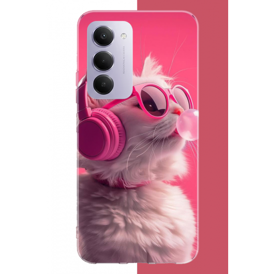 Redmi 15 4G Uyumlu pembe gözlüklü kedi UV Baskılı Silikon Kılıf