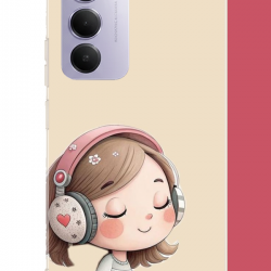 Redmi 15 4G Uyumlu pembe kulaklıklı kız.jpeg UV Baskılı Silikon Kılıf