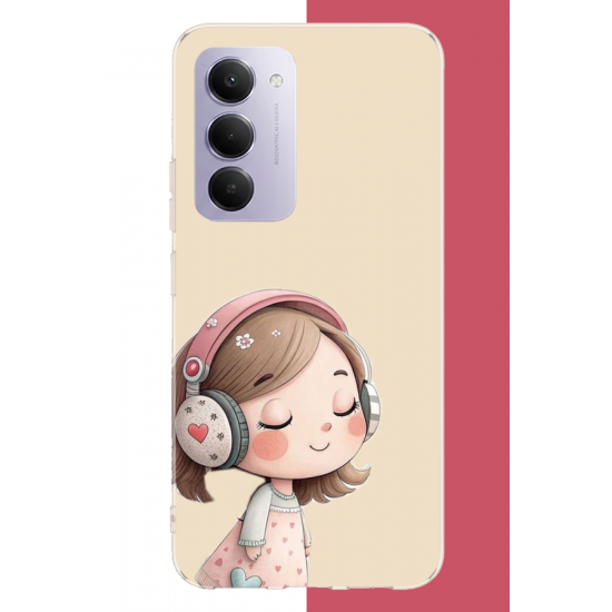 Redmi 15 4G Uyumlu pembe kulaklıklı kız.jpeg UV Baskılı Silikon Kılıf