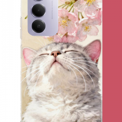 Redmi 15 4G Uyumlu pembe yapraklı kedi UV Baskılı Silikon Kılıf