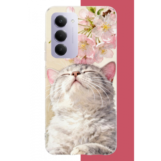 Redmi 15 4G Uyumlu pembe yapraklı kedi UV Baskılı Silikon Kılıf