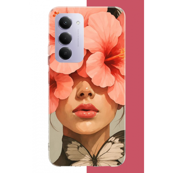 Redmi 15 4G Uyumlu pembe çiçekli kadın UV Baskılı Silikon Kılıf