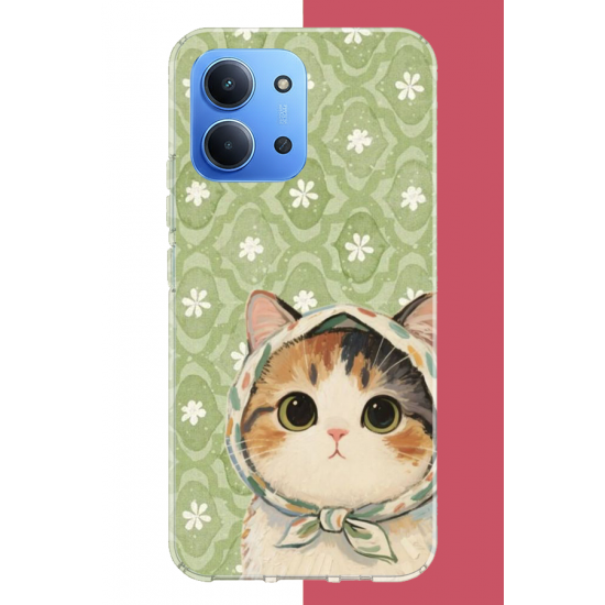 Redmi 15C Uyumlu yeşil fularlı kedi UV Baskılı Silikon Kılıf