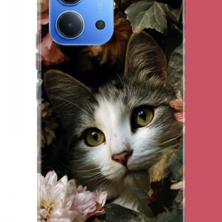 Redmi 15C Uyumlu çiçeklere gizlenen kedi UV Baskılı Silikon Kılıf
