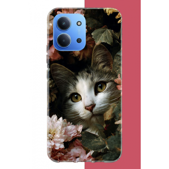 Redmi 15C Uyumlu çiçeklere gizlenen kedi UV Baskılı Silikon Kılıf