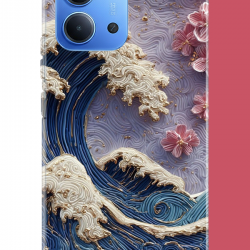 Redmi 15C Uyumlu mavi dalga ve pembe çiçekler UV Baskılı Silikon Kılıf