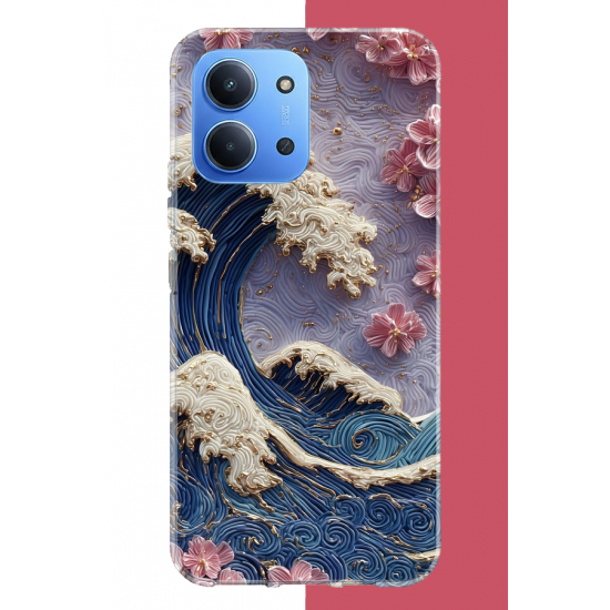 Redmi 15C Uyumlu mavi dalga ve pembe çiçekler UV Baskılı Silikon Kılıf