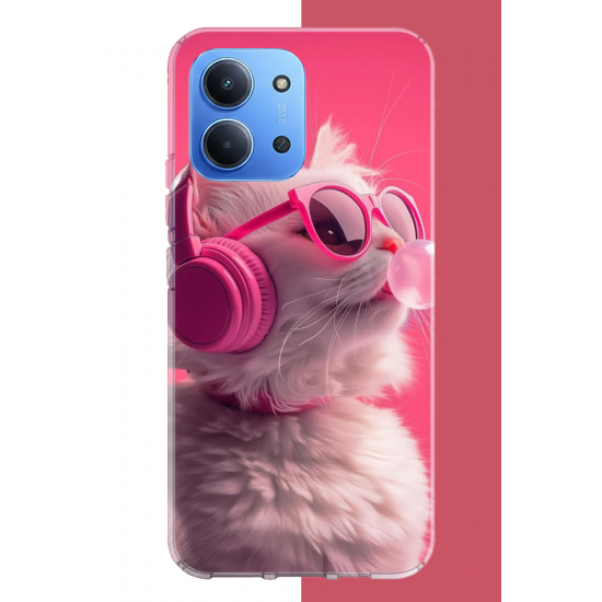 Redmi 15C Uyumlu pembe gözlüklü kedi UV Baskılı Silikon Kılıf