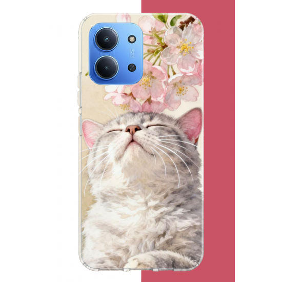 Redmi 15C Uyumlu pembe yapraklı kedi UV Baskılı Silikon Kılıf