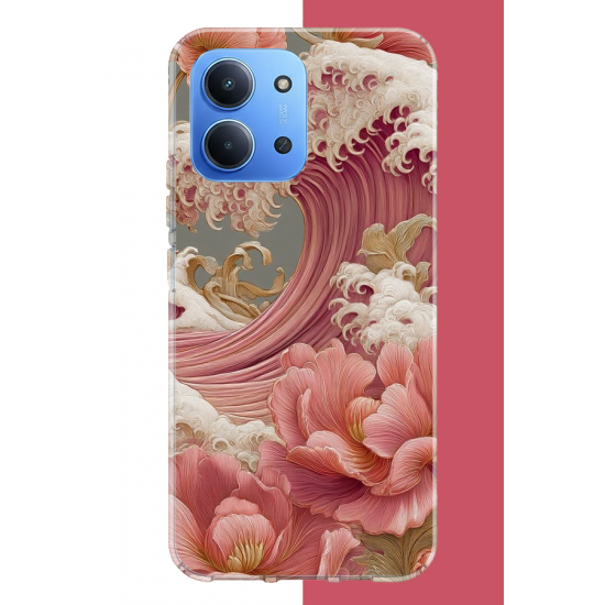 Redmi 15C Uyumlu pembe çiçekli dalga UV Baskılı Silikon Kılıf