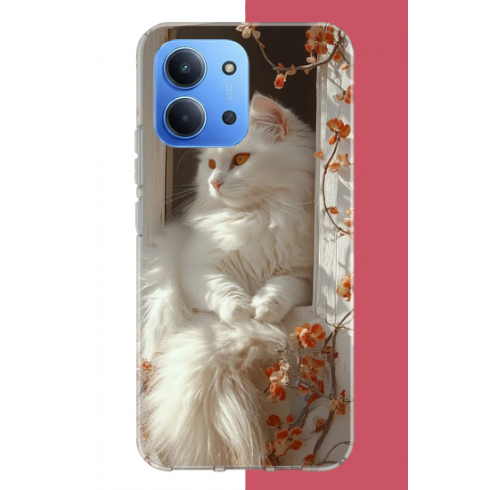 Redmi 15C Uyumlu penceredeki beyaz kedi UV Baskılı Silikon Kılıf