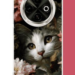 Tecno Spark 30C Uyumlu çiçeklere gizlenen kedi UV Baskılı Silikon Kılıf