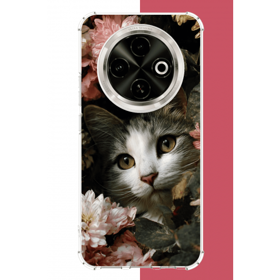 Tecno Spark 30C Uyumlu çiçeklere gizlenen kedi UV Baskılı Silikon Kılıf