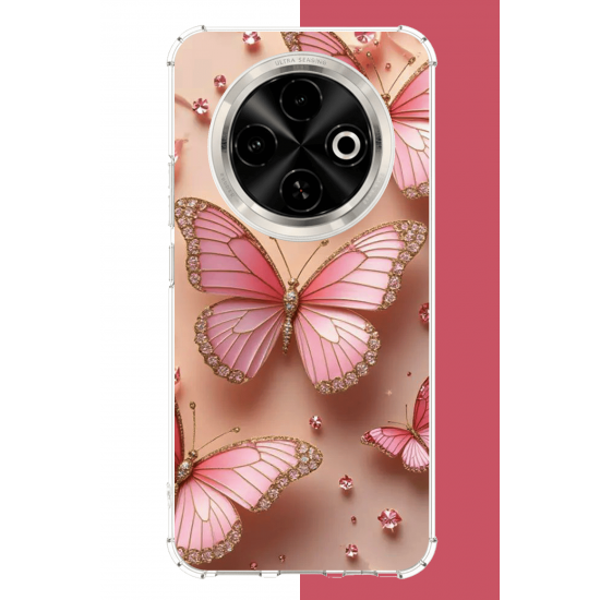 Tecno Spark 30C Uyumlu pembe taşlı kelebek UV Baskılı Silikon Kılıf