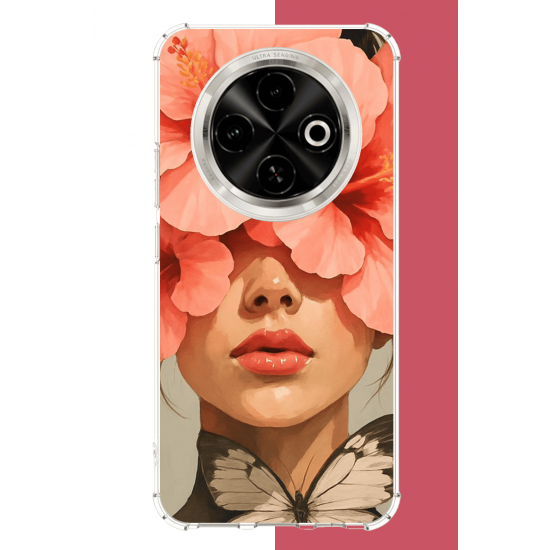 Tecno Spark 30C Uyumlu pembe çiçekli kadın UV Baskılı Silikon Kılıf