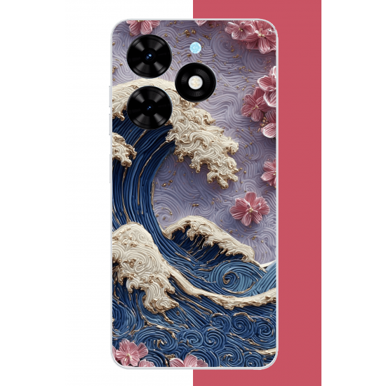 Tecno Spark Go 2024 Uyumlu mavi dalga ve pembe çiçekler UV Baskılı Silikon Kılıf