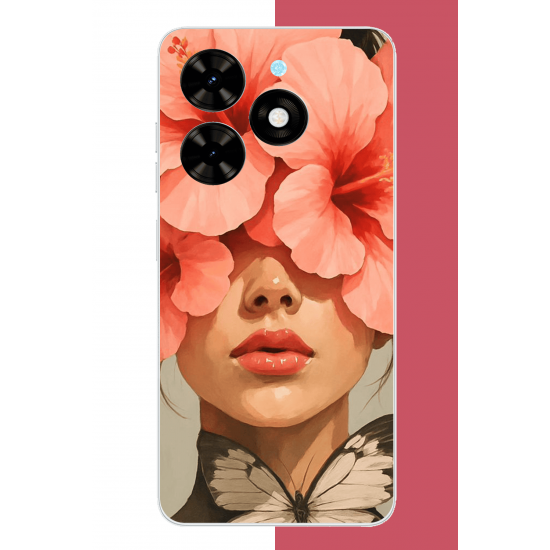 Tecno Spark Go 2024 Uyumlu pembe çiçekli kadın UV Baskılı Silikon Kılıf